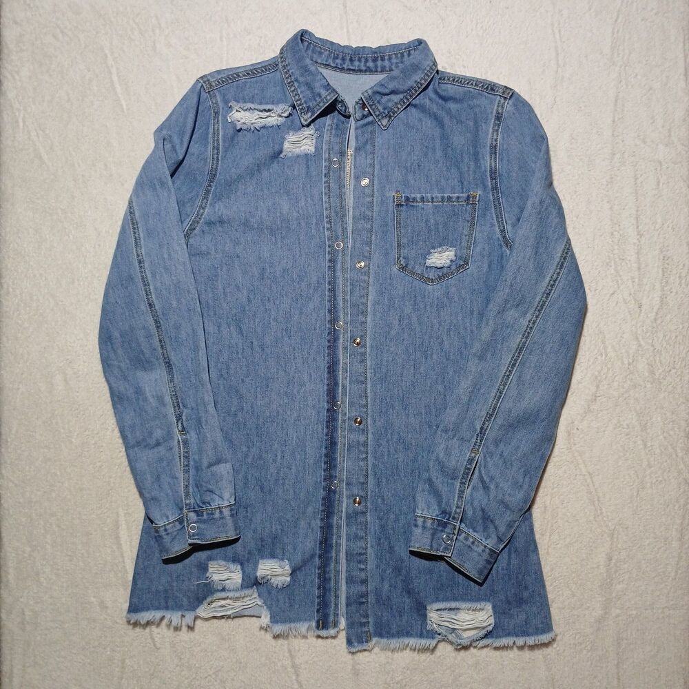 Denim Button Down Shirt/Jacket Women's Size M Distressed Raw Hem